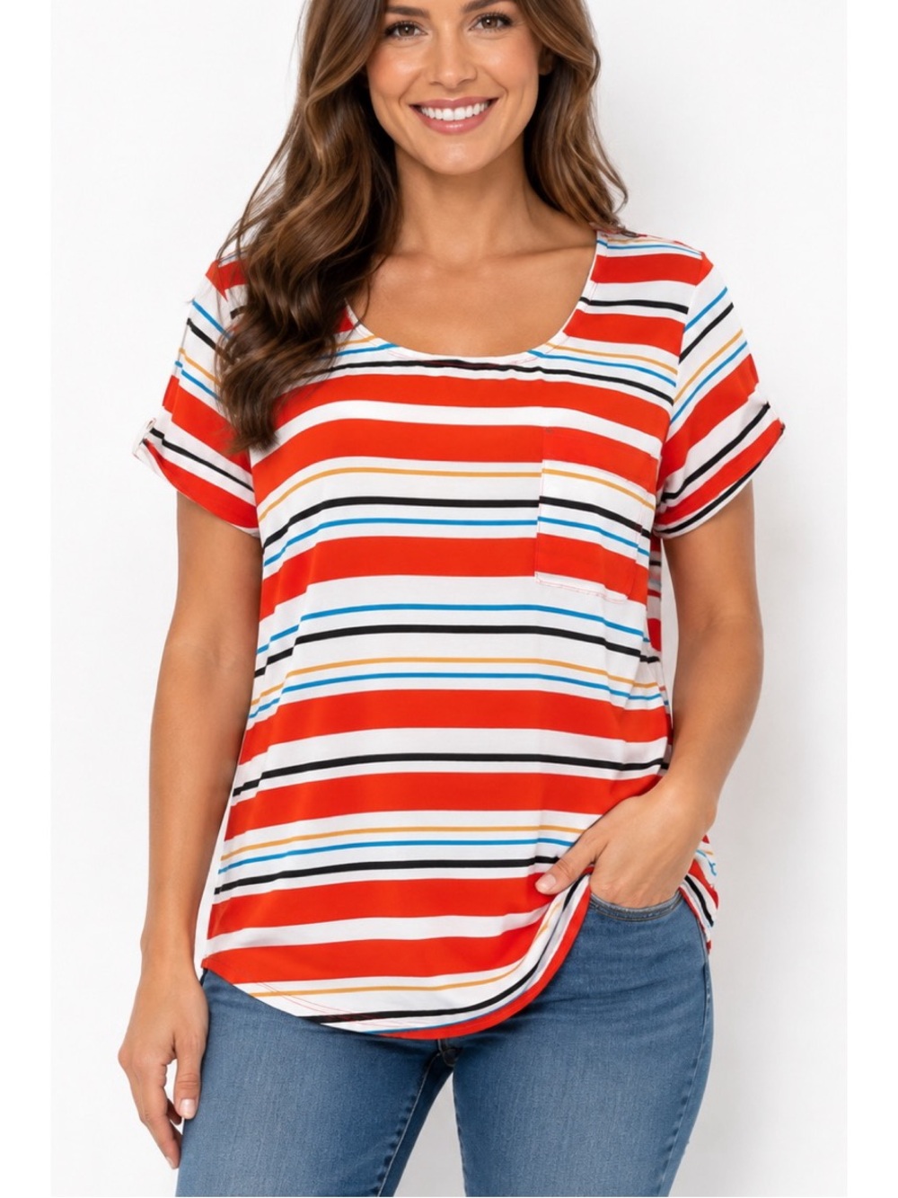 Timing women's striped short-sleeve top with a single patch pocket